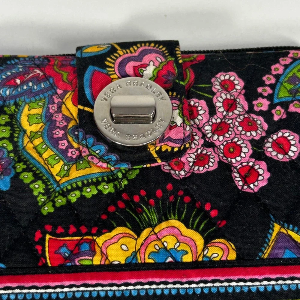 Vera Bradley Turnlock Wallet Provencal Paisley Quilted Cotton Black Multi Color - Picture 5 of 11